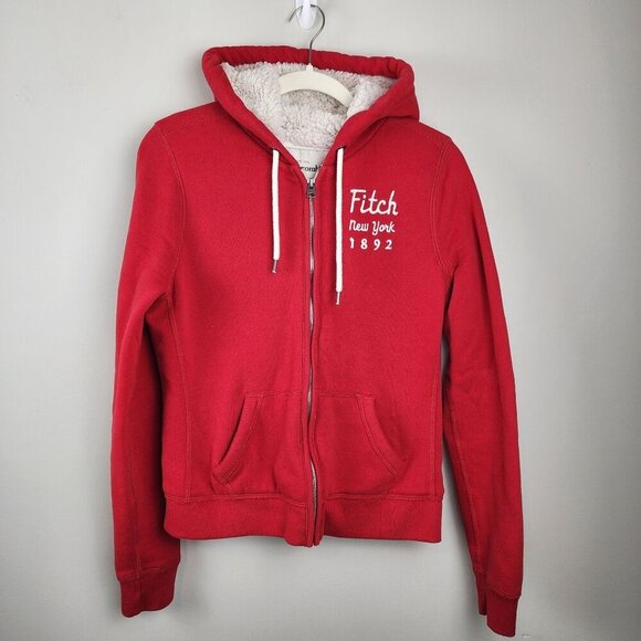 Abercrombie and Fitch sz L women red hoodie sherpa fur Y2K - Picture 1 of 11